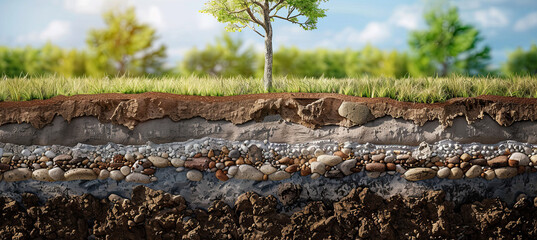Section of soil with underground water, layers of earth and rocks