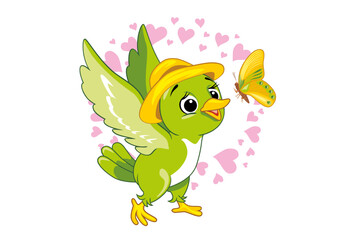 Cute green bird playing with butterfly