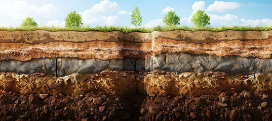 Section of soil with underground water, layers of earth and rocks