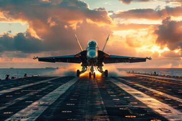 military aircraft carrier with fighter jets taking off from the runway