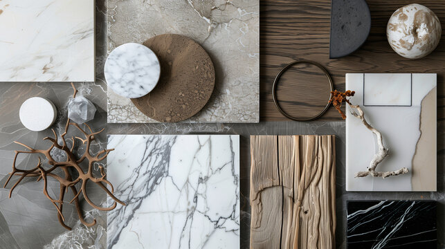 interior design sample or mood board with luxury materials like marble and wood (5)