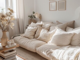 Cozy living room bathed in sunlight with elegant beige decor and plush pillows