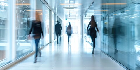 Obraz premium Interior of modern office and employees in company corridor, motion blur effect