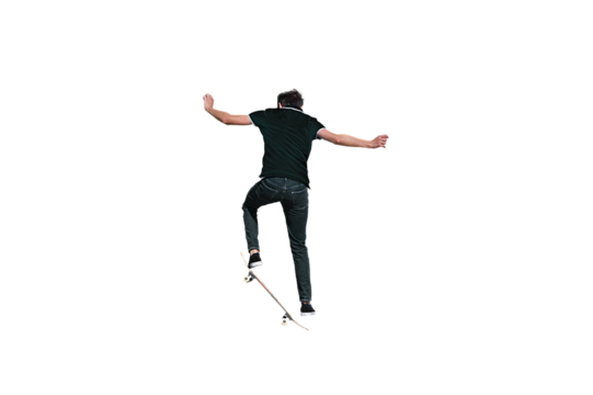 Rear view of a man jumping on his scate board png isolated