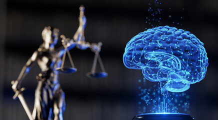 AI Regulation and Justice. Legal and Technology concept. Hologram of the Brain and Statue of Goddess Themis: Symbols of Law, Equality, Legislation and artificial intelligence