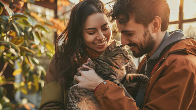 A couple and their cat feeling overjoyed as they leave the vet clinic, thankful for the catâs regained health. , natural light, soft shadows, with copy space