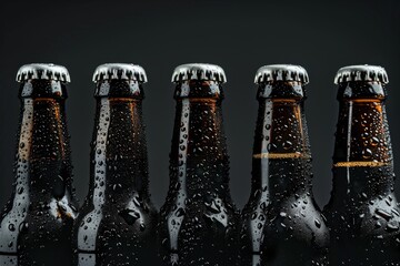 Closeup of beer bottles with dark brown liquid, against a black background The bottles have silver caps and drops on their necks Generative AI