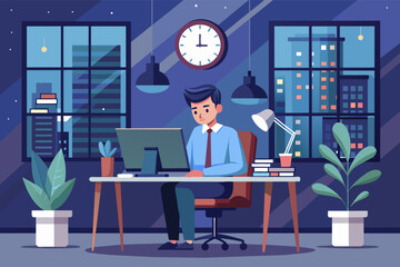 A business person working late at the office - obrazy, fototapety, plakaty