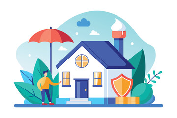A man standing in front of a house while holding an umbrella, Home insurance, Simple and minimalist flat Vector Illustration