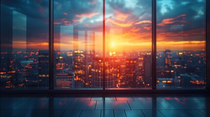 Beautiful view of the city landscape from an empty office space with a panoramic window at sunset