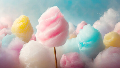 Colorful cotton candy in soft pastel color background, illustration. - obrazy, fototapety, plakaty