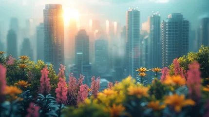 Foto op Plexiglas A futuristic urban landscape with skyscrapers and blooming flowers bathed in the soft glow of the morning sun © Vadim