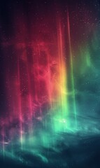 Fototapeta na wymiar Vibrant rainbow streaks with a starry particle effect on a dark backdrop.