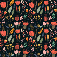 Seamless Pattern with Doodle Colorful Flowers and Foliage on Dark Background. Textile Design, Wrapping Paper, Stationery Background, Creative Projects