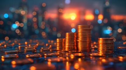 Gold coins on the table against the background of the city, the concept of business and finance, money, abundance and wealth