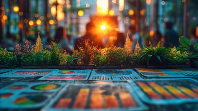 Various charts and graphs, business data and analytics on a table with plants in the office on a defocused background of a team of people working, combining the beauty of nature with modern industry
