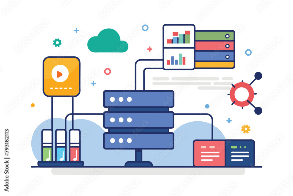 Poster graphic illustration of a stack of data on a plain white background, representing data storage and a