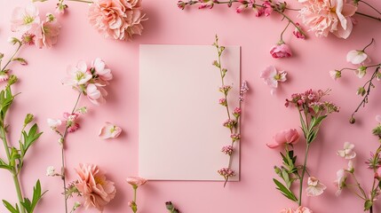 Obraz premium Capture the charm of spring with this stationery mockup featuring a square card adorned with flowers beautifully captured in a flat lay shot Perfect for a spring wedding invitation or a fes