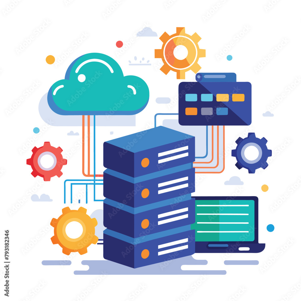 Poster cloud computing setup with computer and laptop, hosting technology server maintenance services, data