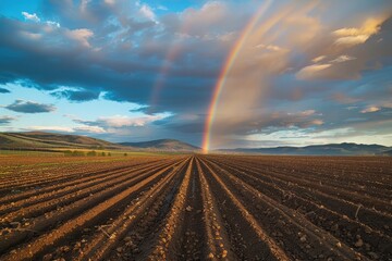 Nature's Kaleidoscope: A Vibrant Rainbow Arches Over Freshly Plowed Field 