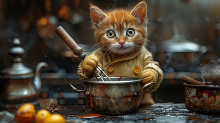   A cat pictured in a pot, holding a ladle and a ladle spoon