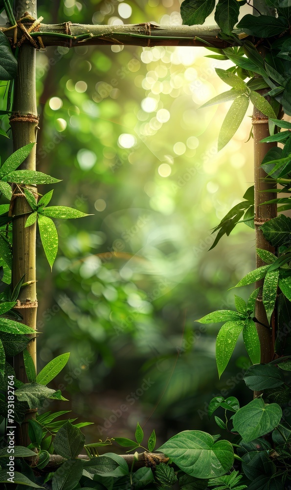 Poster Sunlight filters through a serene bamboo forest creating a tranquil pathway.