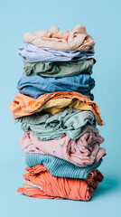 Stacks of dirty clothes on pastel blue background