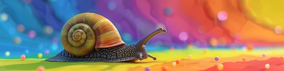 3D cartoon snail on a rainbow background.