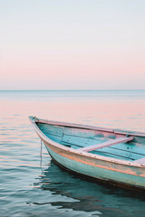 Naklejka premium Boat standing on the ocean water. Blue and pink tones colors of water. Sea and Ocean Poster.