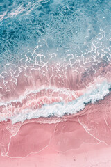 Pink coast and blue waves background. Ocean Poster. Bird view shot.