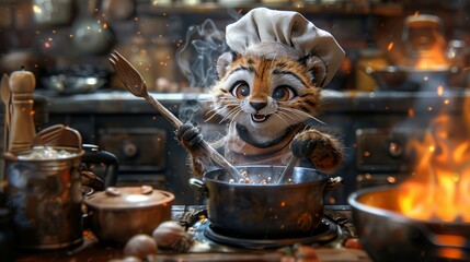   A tiger donning a chef's hat stirs a pot on a stove, backdrop featuring an ablaze fire