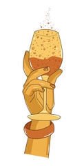 A glass with aromatic wine in a woman's hand, stylized vector illustration