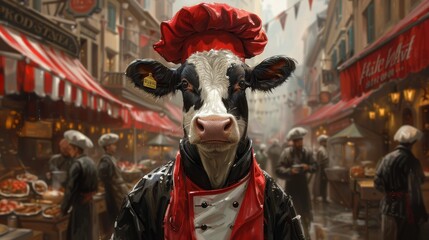 Fototapeta na wymiar A cow wearing a red bandana stands before a bustling city street, depicted in the painting