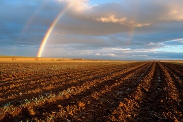 Nature's Kaleidoscope: A Vibrant Rainbow Arches Over Freshly Plowed Field 
