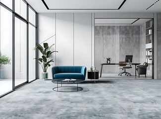 Modern office interior with a blue sofa, glass desk and chairs near a window on a gray concrete floor - Powered by Adobe