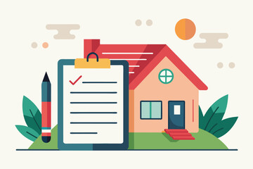 A flat vector illustration of a simple and minimalist house on a clipboard with a pen, house contract, Simple and minimalist flat Vector Illustration