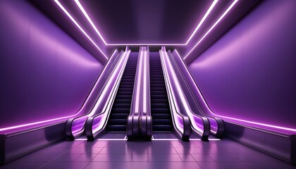 escalator up in purple neon corridor. 3d rendering
