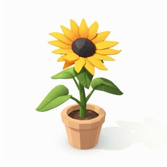 Image of a sunflower in full bloom in a clay pot on a white background. Bright yellow petals, dark brown center. Symbol of happiness, joy, positivity, popular in bouquets.