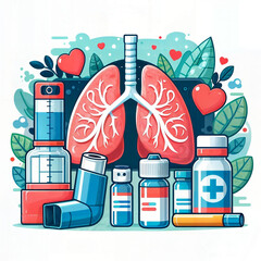 World Asthma Day on May 2 Illustration with Inhaler and Health Prevention Lungs in Flat Cartoon Hand Drawn for Web Banner or Landing Page Templates created with generative ai. - obrazy, fototapety, plakaty