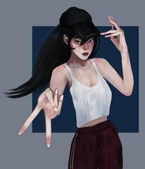 digital drawing of a beautiful black-haired asian girl with brown eyes in white shirt and red baggy pants with black baseball cap showing a peace sign 