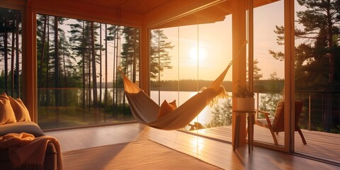 Minimalist modern wooden house hanging hammock overlooking scenic lake at sunset
