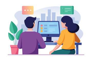 Obraz premium A man and woman are focused, sitting at a desk, looking at a computer screen together, illustration of a man and woman looking at a computer screen, Simple and minimalist flat Vector Illustration