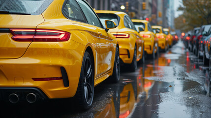 A row of Taxis on stand, taxis in traffic on a rainy day.