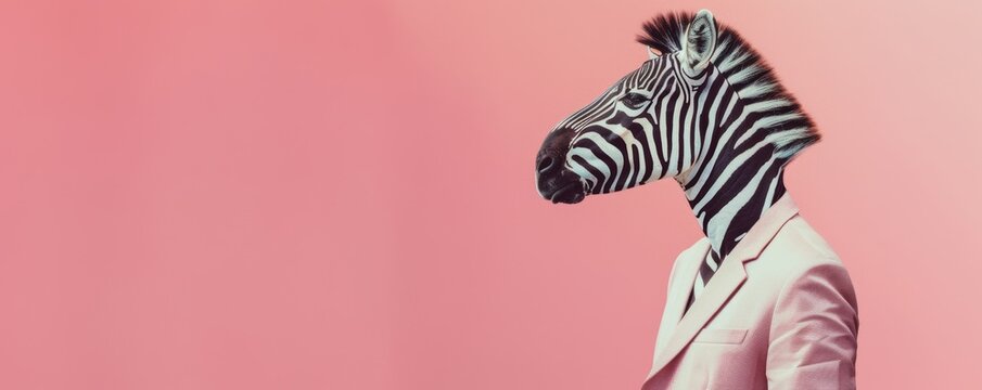 Surreal zebra in business suit on pink background