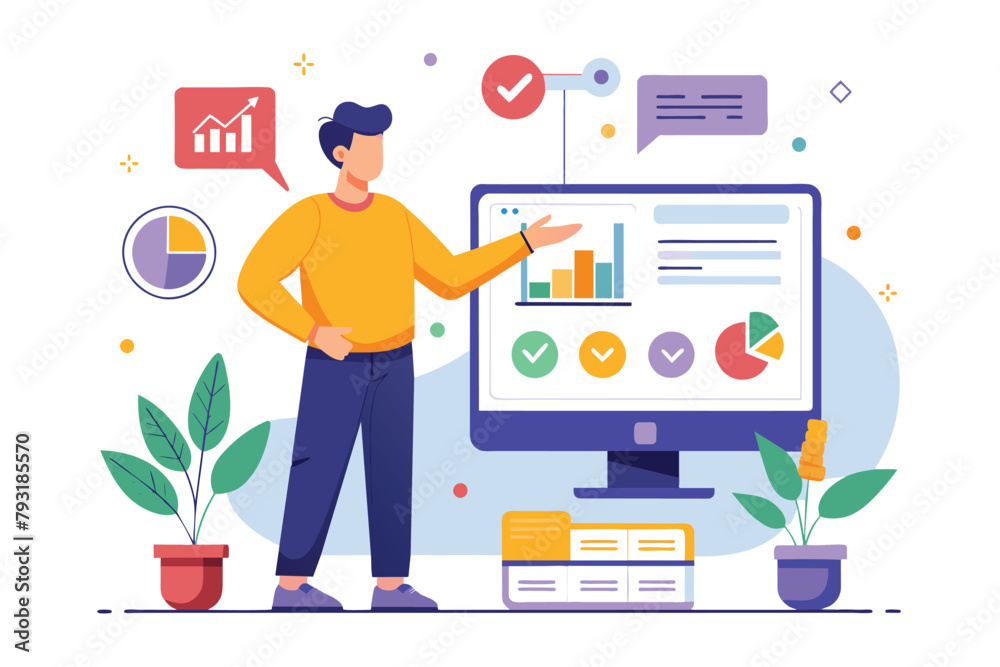 Poster man pointing at computer screen, illustration of a man pointing at a computer screen with graphs and
