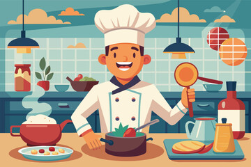 A charismatic chef with a friendly smile and a chef's hat, preparing a mouthwatering dish in a bustling kitchen.