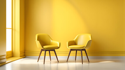 Two yellow chairs are sitting in front of a yellow wall