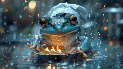   A tight shot of a frog atop a plate, laden with food, situated on a table Water droplets adorn the scene Background hazy - obrazy, fototapety, plakaty