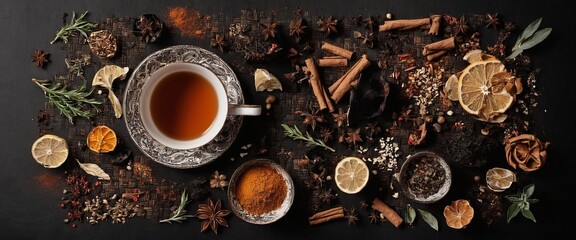 Cup of aromatic tea with spices, herbs, dried fruit orange slices. Top view. Generated AI - obrazy, fototapety, plakaty
