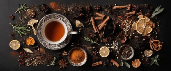 Foto op Plexiglas Cup of aromatic tea with spices, herbs, dried fruit orange slices. Top view. Generated AI © anetlanda